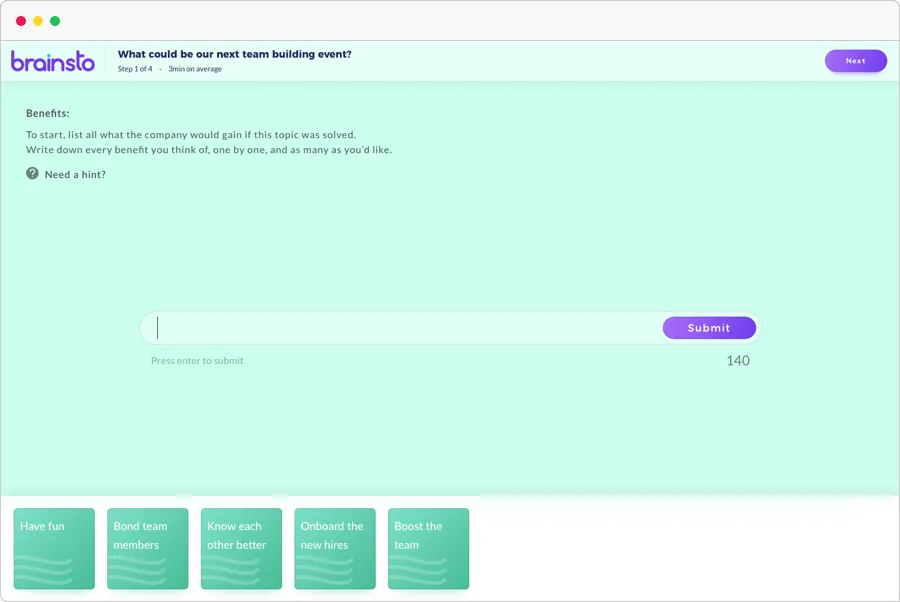 Brainsto guided brainstorming session: benefits step with idea input and captured idea cards