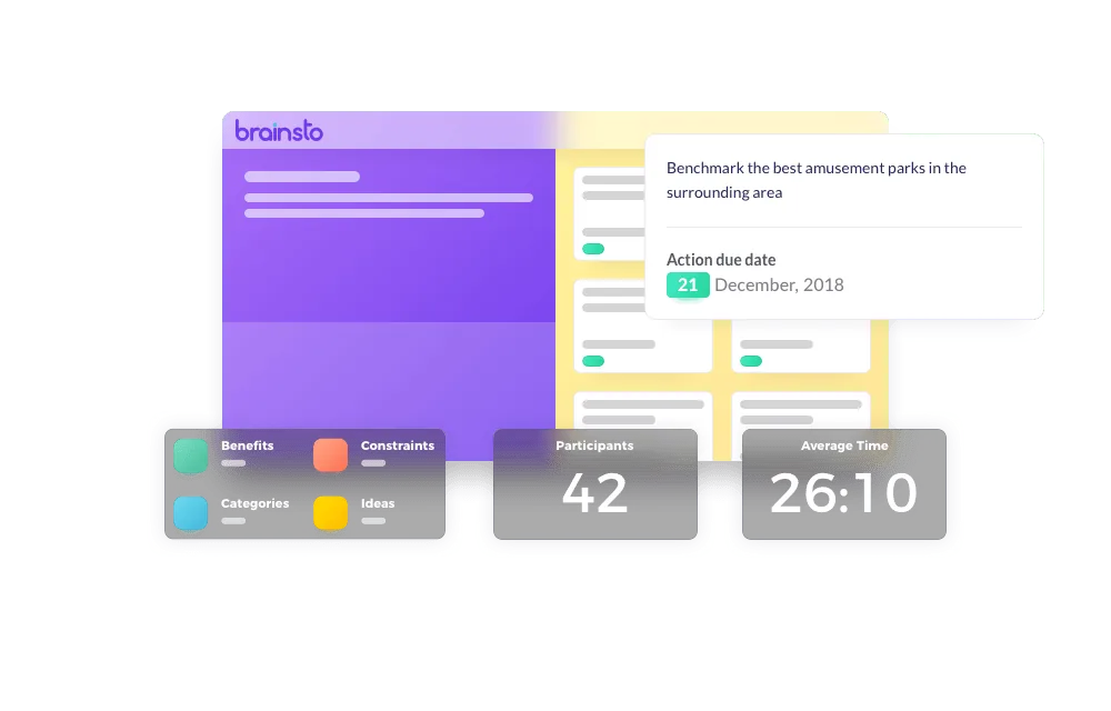 Brainstorming session view with categorised idea cards and live session metrics