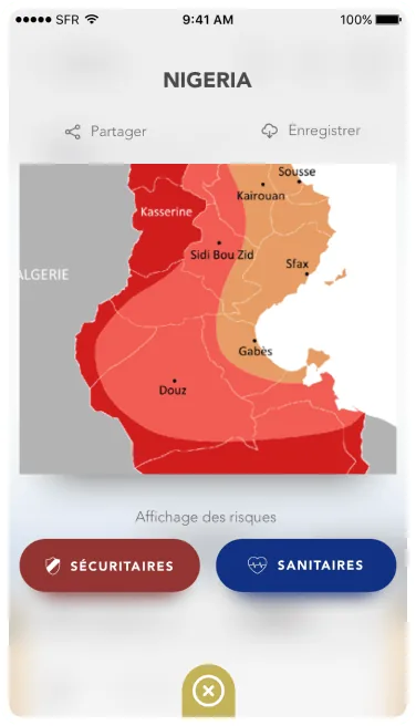 Country risk map with security and health risk layers