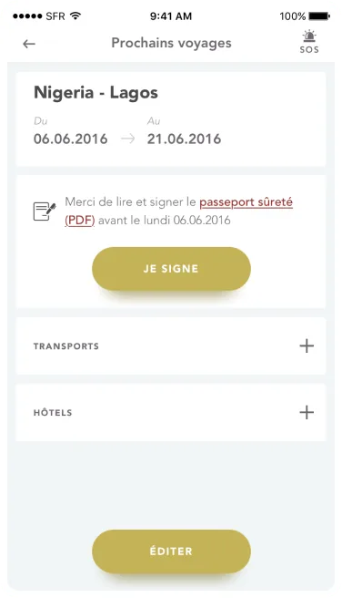 Upcoming trip screen with safety passport signature prompt