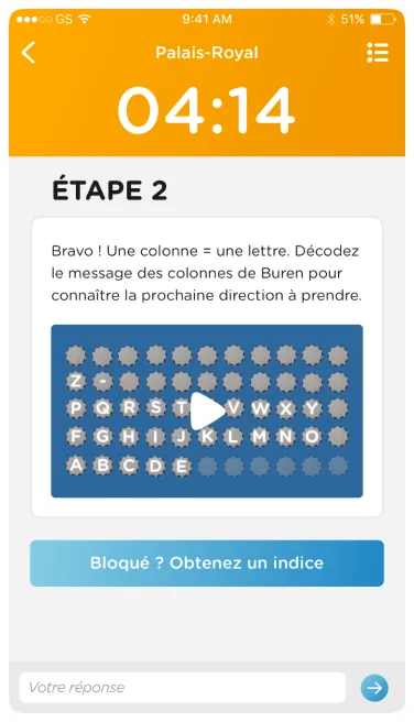 Foxie timed puzzle step at Palais-Royal with hint button