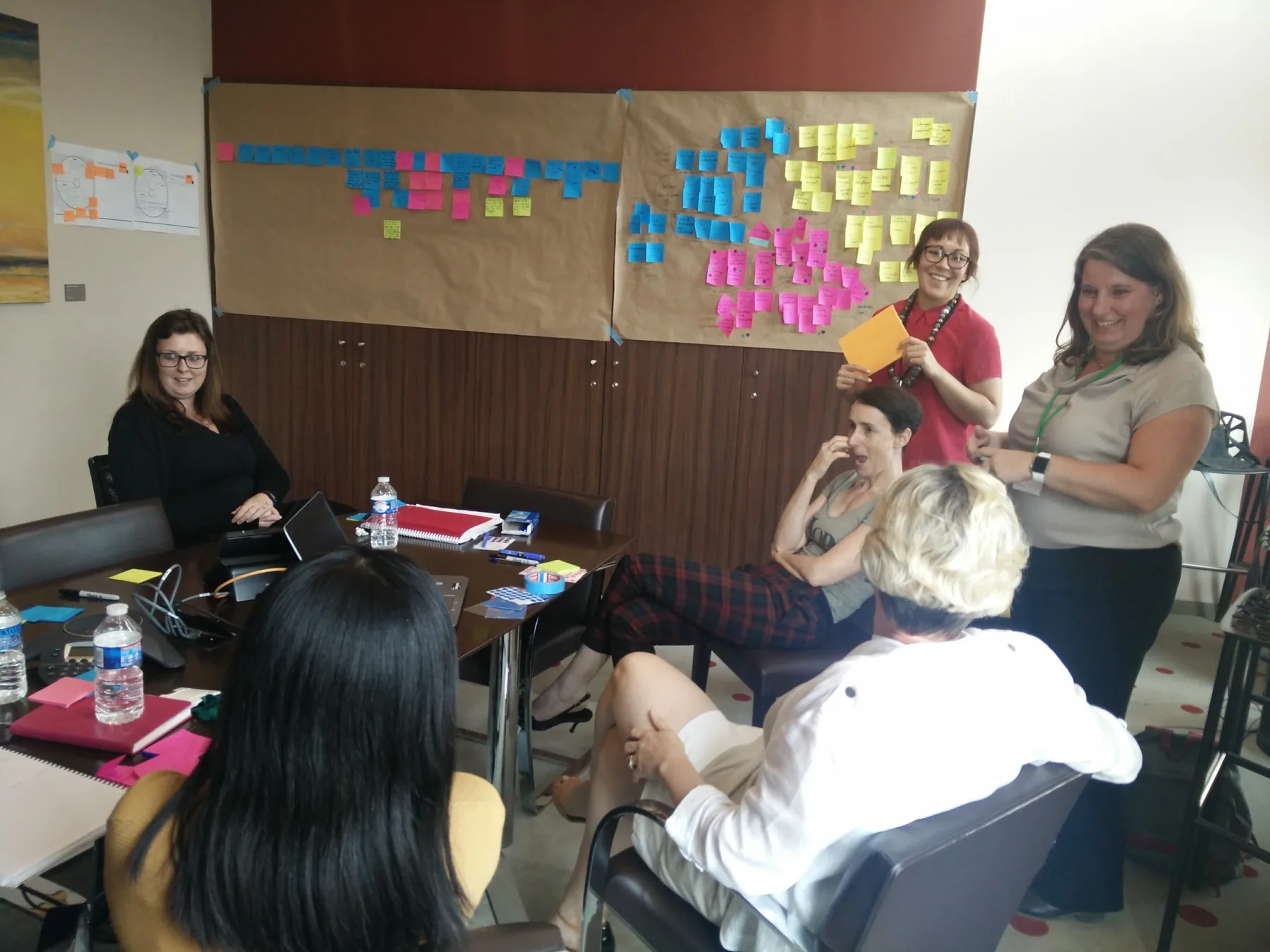 Workshop debrief: the group reviewing the completed research walls together